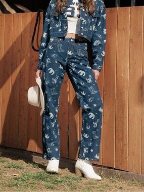 Printed Relaxed Straight Leg Jeans - Dark Wash